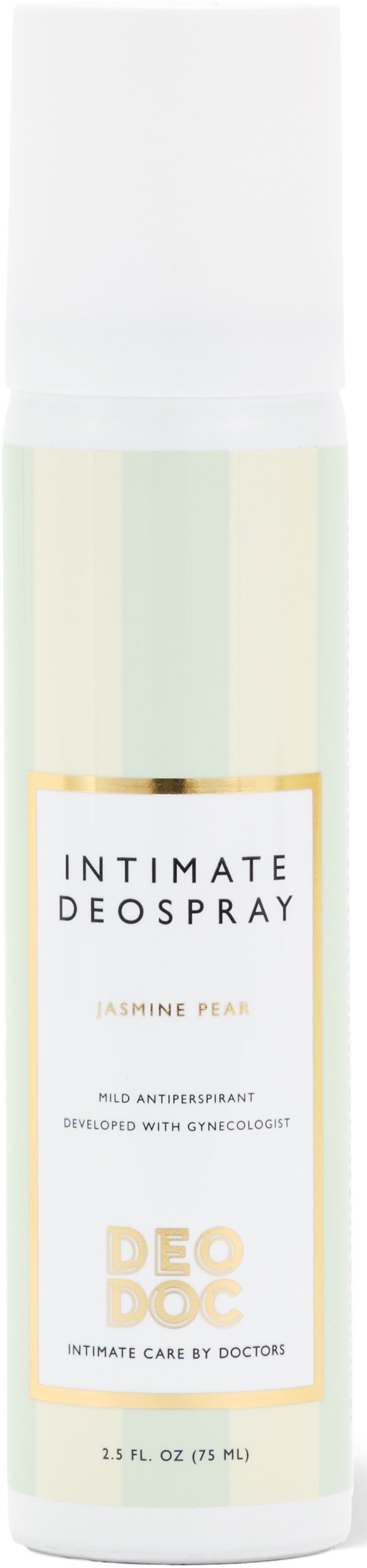 Eine weiße Sprühdose mit der Aufschrift 'Intimate Deospray' und Duft 'Jasmine Pearl', entwickelt für intime Pflege.