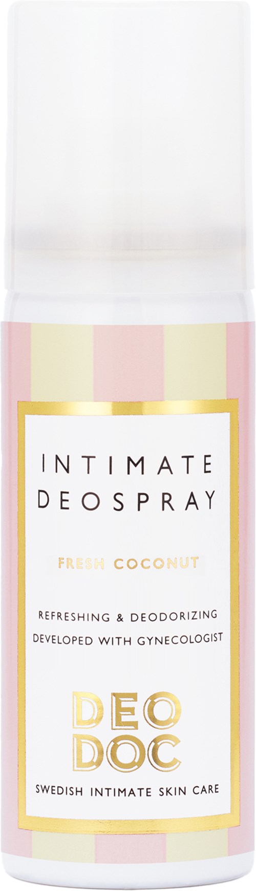 En vit och rosa deodorant sprayflaska med gulddetaljer, märkt 'Intimate Deo Spray' med kokosdoft.