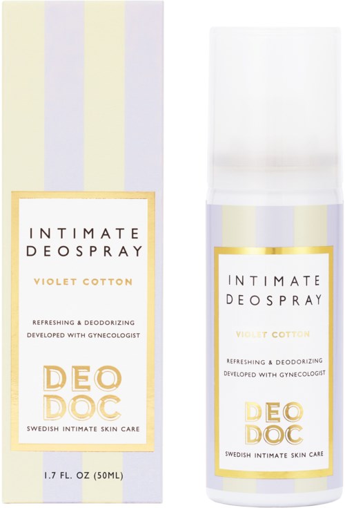 A white bottle and box with yellow and purple stripes, labeled 'Intimate Deodorant Spray' in large text.