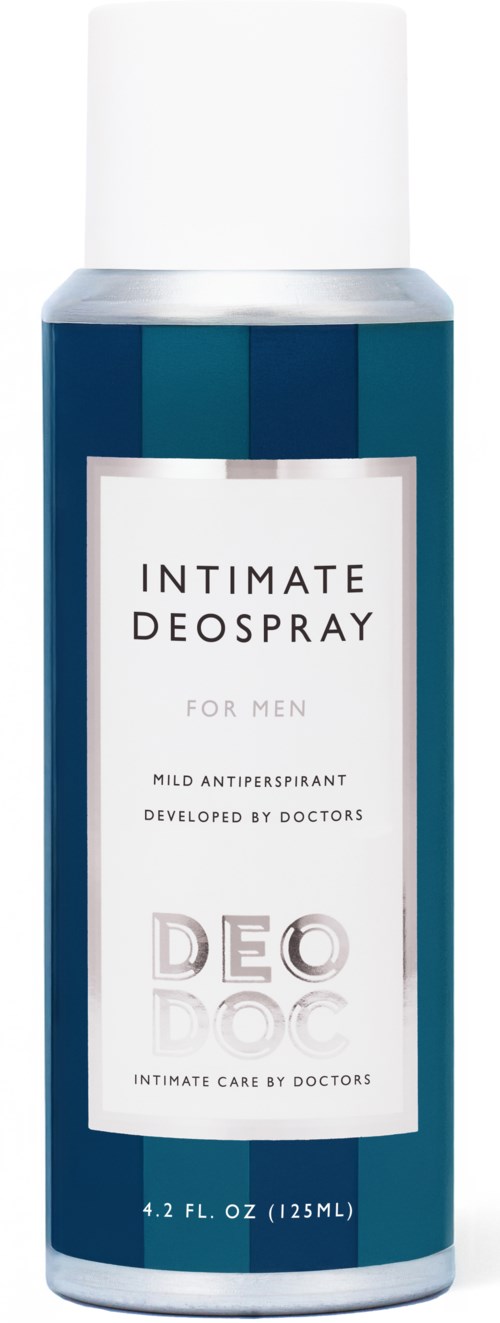 Eine blaue und weiße Sprühdose für Männer, als Intimdeodorant gekennzeichnet.