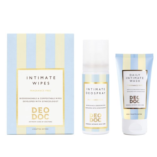 Eine Schachtel, eine Sprayflasche und eine Tube mit Intimhygieneprodukten in Pastellblau, Weiß und Gelb.