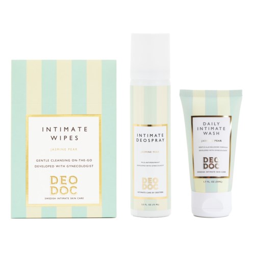Set von Hygieneartikeln mit grün- und gelbgestreifter Verpackung, inklusive Tücher, Spray und Creme.