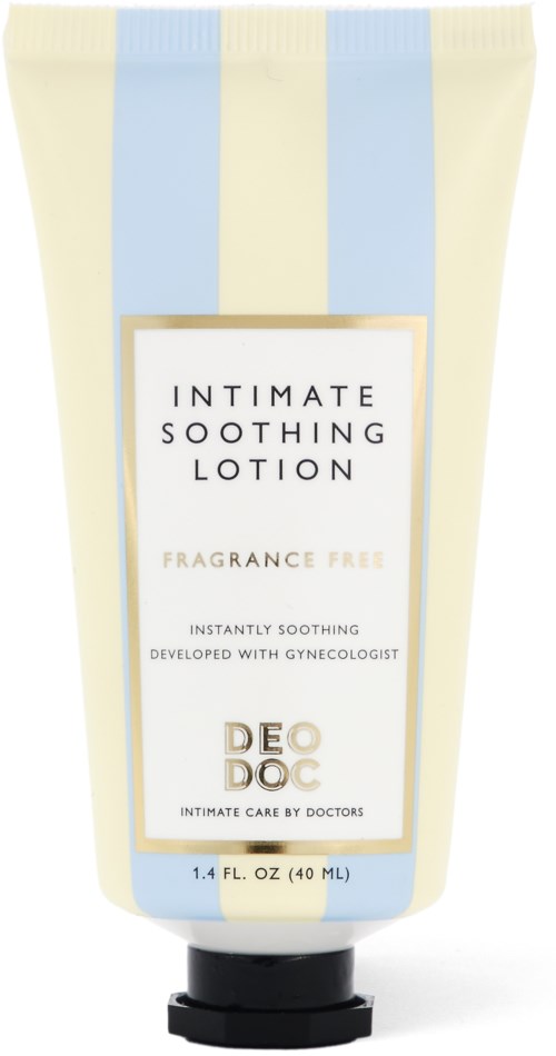Eine Tube mit beruhigender Lotion in hellblauen und beigen Streifen, ohne Duft, für intime Pflege.