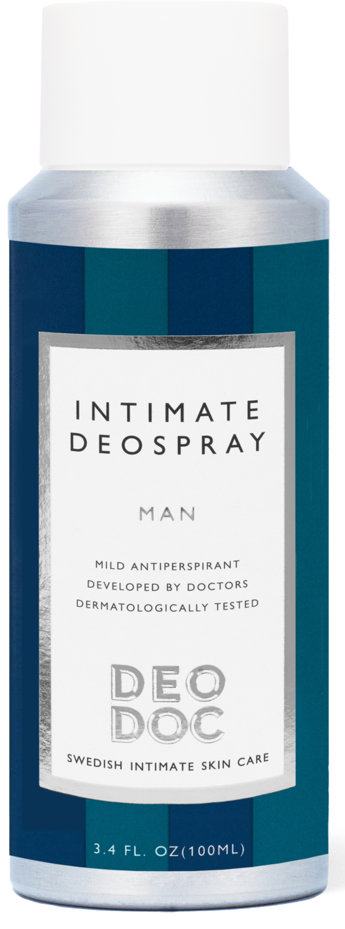 En deodorantspray märkt "Intimate Deospray Man" med information om testning och hudvård.