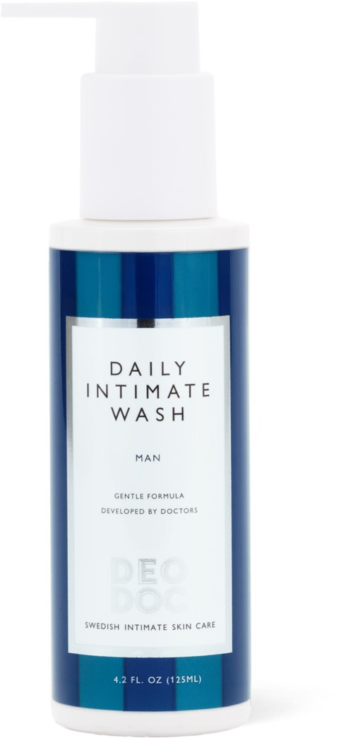 Eine blaue und weiße Flasche mit der Aufschrift 'Daily Intimate Wash' für Männer, mit Pumpkopf, für die persönliche Hygiene.