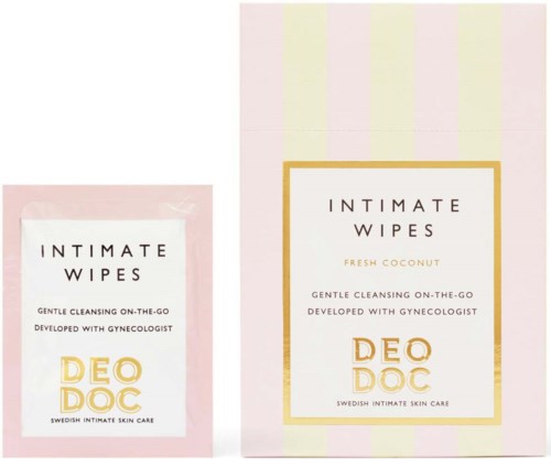Zwei Packungen Intimpflegetücher, eine in Rosa und eine größer mit gelben und weißen Streifen, für die Intimhygiene.