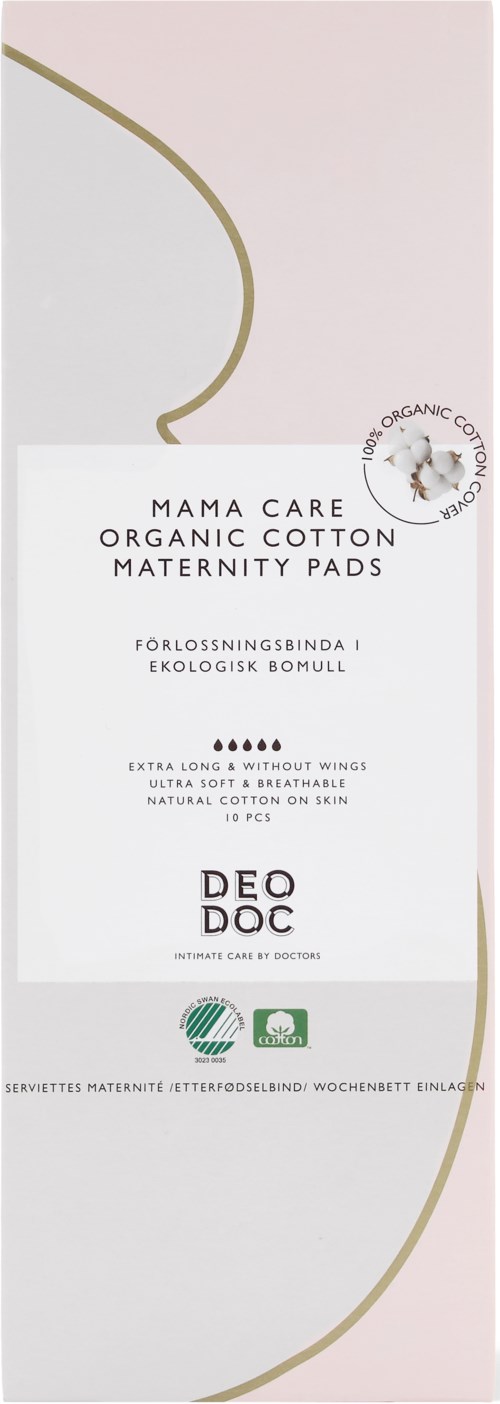 Verpackung von Bio-Baumwolle-Monatsbinden mit schlichtem weißen und beigen Design, von Mama Care und Decoc.