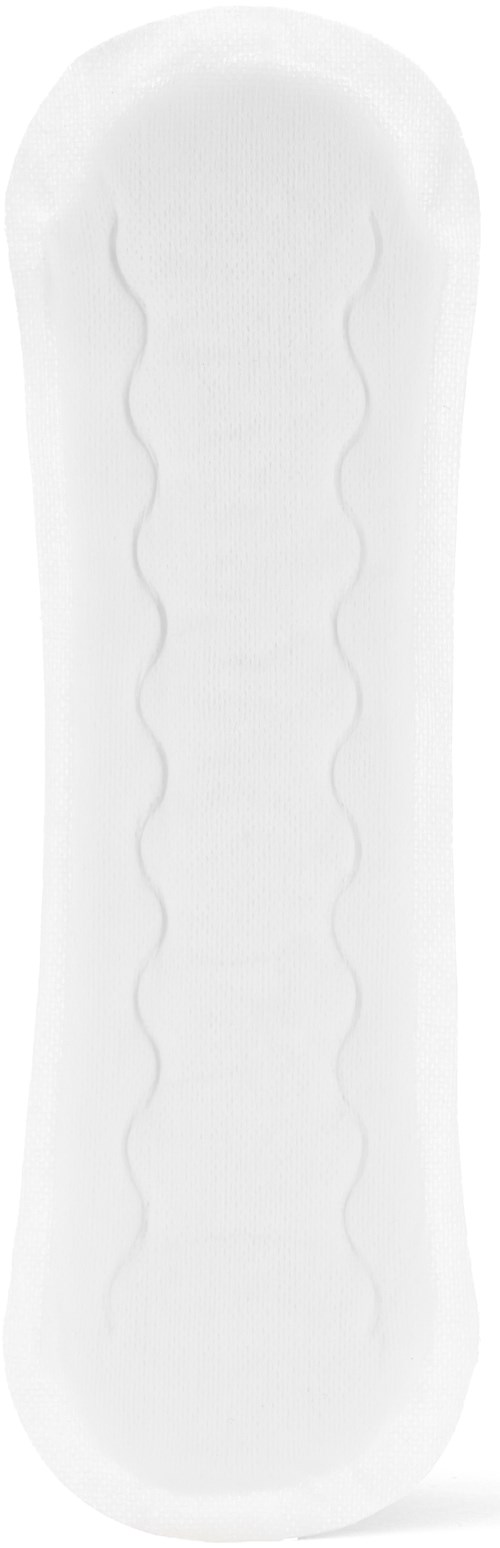 Ein weißer, länglicher Tampon mit abgerundetem Ende und drei wellenförmigen Linien am Körper.