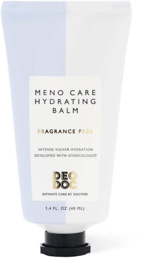 A white tube of hydrating balm with black cap, label says 'Meno Care Hydrating Balm' for intimate area care.