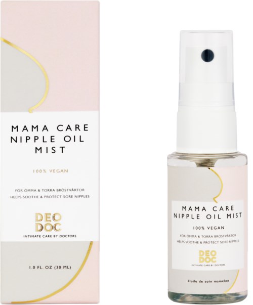 A bottle and box of Mama Care Nipple Oil Mist, vegan, for soothing and protecting nipples, 30 ml size.
