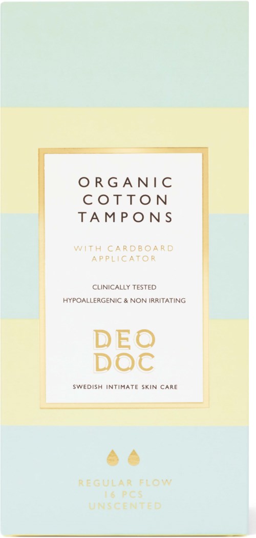 Verpackungsetikett für Bio-Baumwolltampons mit Pappapplikator, klinisch getestet, hypoallergen, von Decodoc.