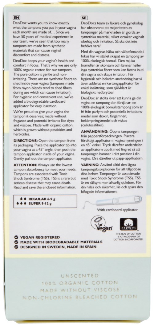 Die Verpackung zeigt ein Etikett mit Anweisungen und Informationen über einen Tampon, einschließlich Anwendung, Inhaltsstoffe und Zertifizierungen.
