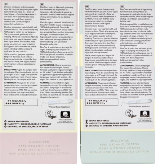 Ein Etikett mit Informationen über ein Baumwollprodukt, einschließlich Zertifizierungen, Gebrauchsanweisungen und Sicherheitshinweisen.