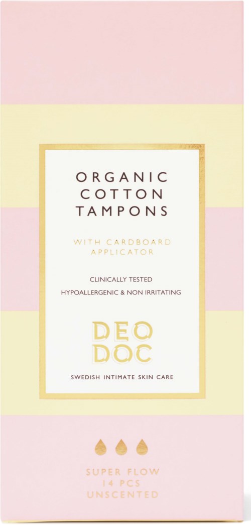 Eine Verpackung für Bio-Baumwolltampons in Pastellfarben rosa, gelb und weiß mit Produktinfo.