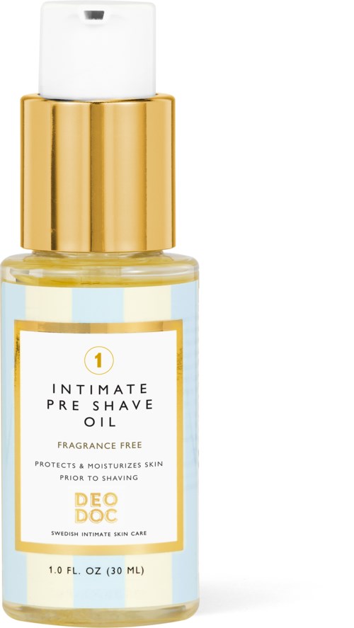 A small bottle with gold cap, labeled 'Intimate Pre Shave Oil,' fragrance-free, used for protection before shaving.