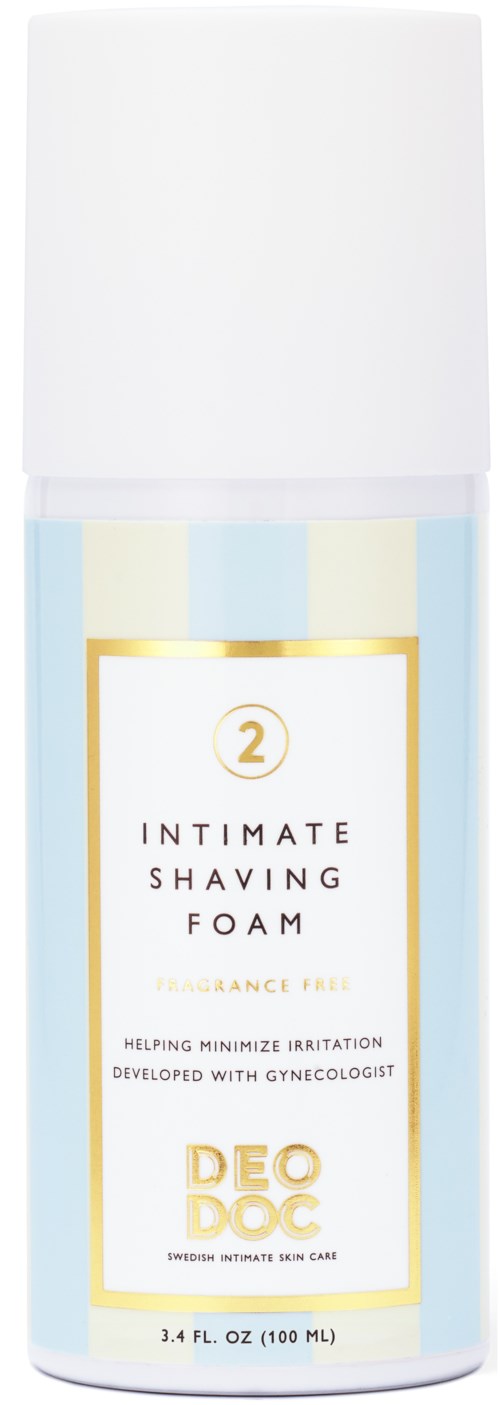 Eine Flasche mit dem Etikett 'Intimate Shaving Foam' und weißem Deckel und blau-weißen Streifen.