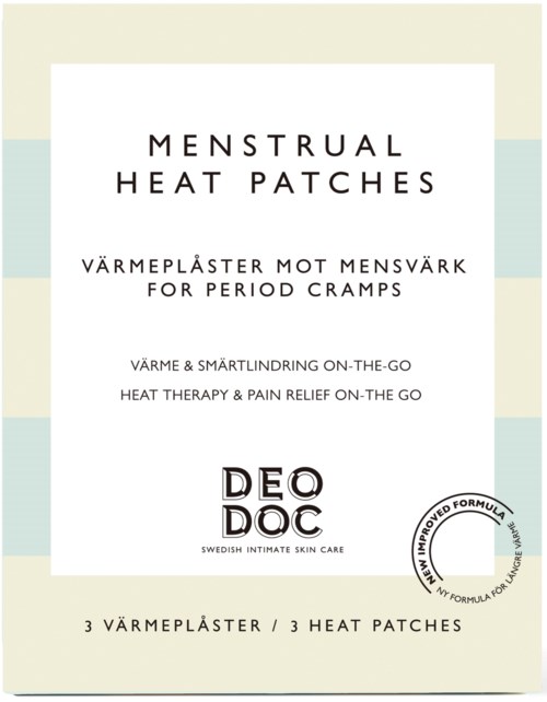 Eine Schachtel Menstruationswärmepflaster für Krämpfe, enthält drei Pflaster, von DeoDoc, hergestellt in Schweden.