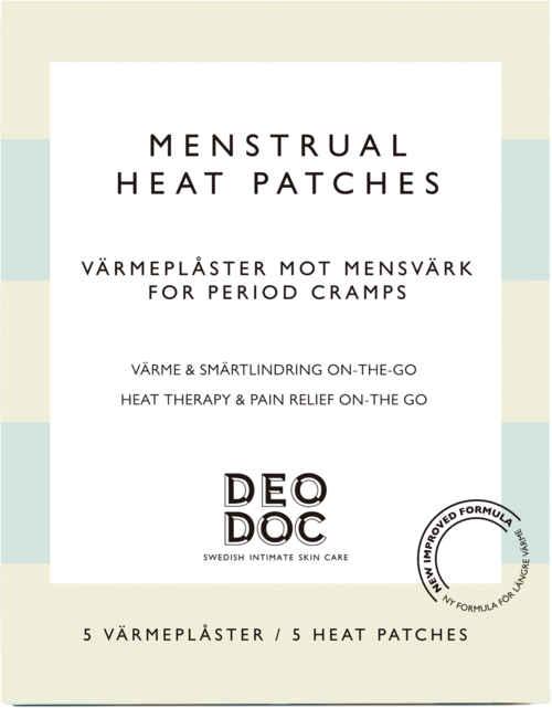 Verpackung zeigt Menstruationswärmepflaster gegen Krämpfe, mit schwedischer Marke DeoDoc, bieten Wärmebehandlung und Schmerzlinderung. Fünf Pflaster enthalten.