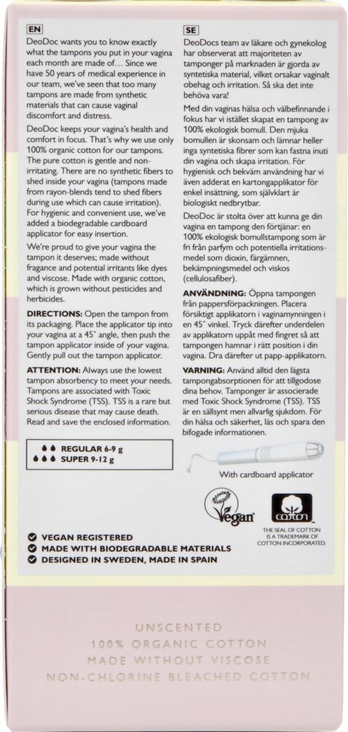 Dies ist eine Packung mit biologischen Baumwadden und enthält Anweisungen und Informationen über das Produkt und seine Eigenschaften.
