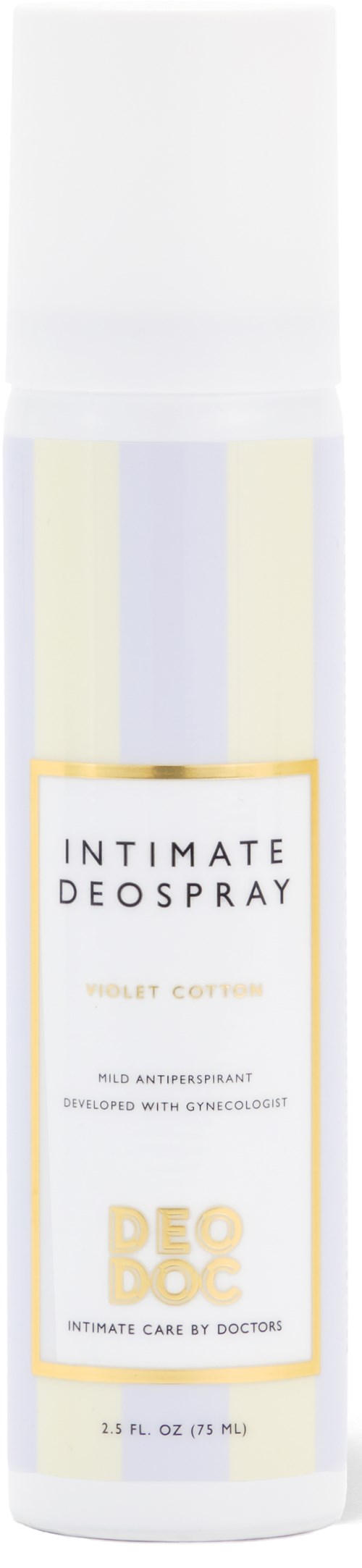 En vit sprayflaska märkt 'INTIMATE DEO SPRAY' för känsliga områden, med en ren och enkel design.