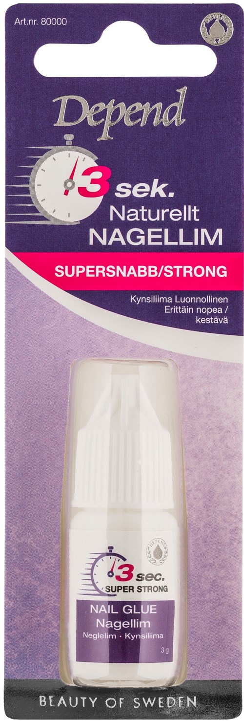 A nail glue tube with a purple and white packaging, labeled for quick drying and strong hold, from Depend.