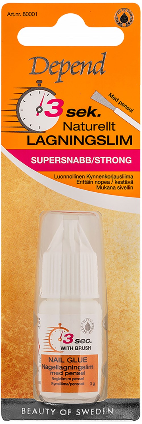 A small white nail glue bottle in orange, pink, and white packaging. It has a brush and promises quick strong fixing.