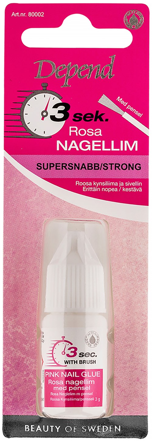 Nail glue bottle in pink and white, labeled 'Depend,' for quick nail adhesion in three seconds.
