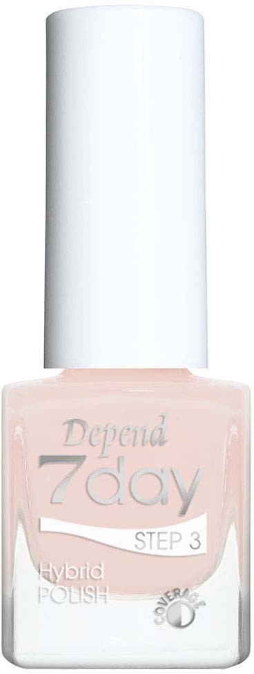 A bottle of nail polish labeled 'Depiá 7day step 3 hybrid polish'. It has a white cap and pinkish liquid inside.