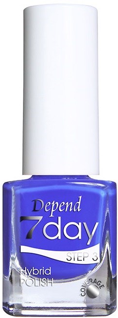 Blå Depend 7 Day nagellack flaska med vit lock, märkt som hybridlack, steg 3.