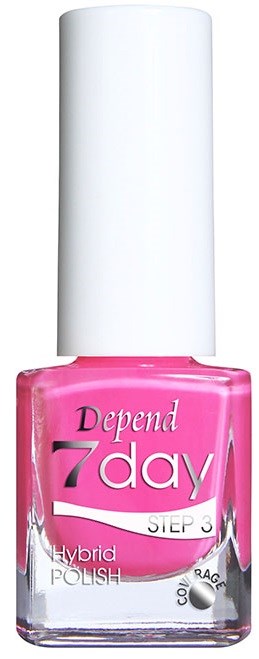 Roze nagellakfles met witte dop, gemarkeerd 'Depende 7 day Step 3 Hybrid Polish'.