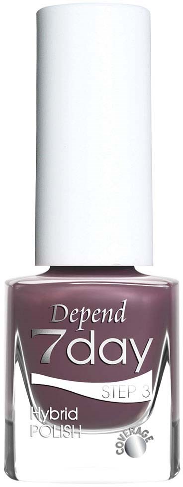 Pink nail polish bottle labeled 'Depend 7day Hybrid Polish, Step 3' standing against a black background.