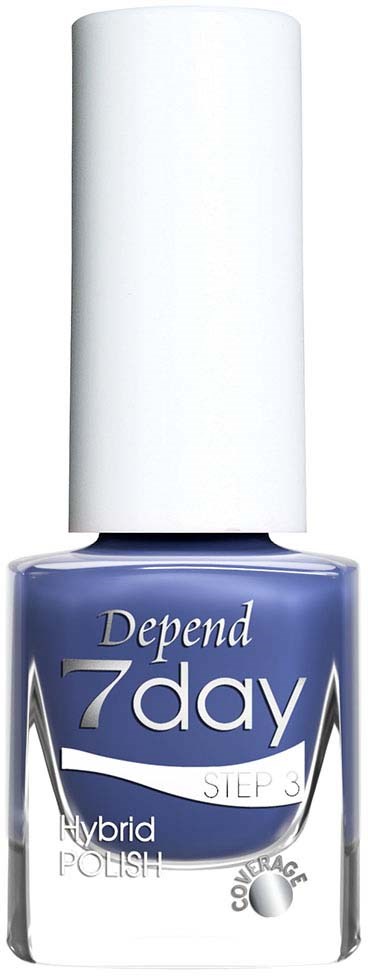 Blå nagellackflaska med vit kork, märkt "Depend 7day" och "Hybrid Polish."