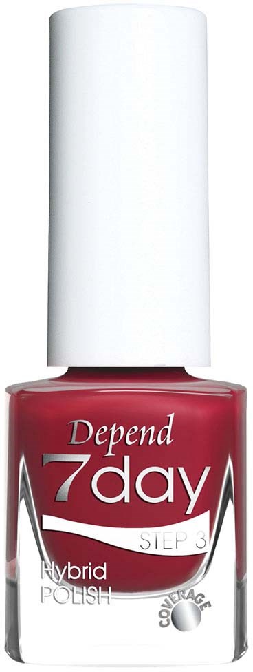 Red nail polish bottle with white cap, labeled "Depend 7day" and "Hybrid Polish."