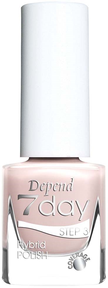A bottle of pink nail polish with a white cap, labeled "Depend 7day," "STEP 3," and "HYBRID POLISH."