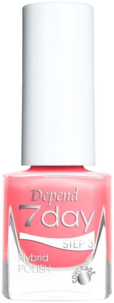 A pink nail polish bottle with a white cap and silver lettering, labeled "Depends 7 Day Step 3."