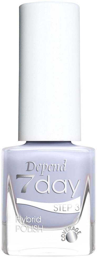 Eine weiße Nagellackflasche mit der Aufschrift 'Depend 7day Step 3 Hybrid Polish'.
