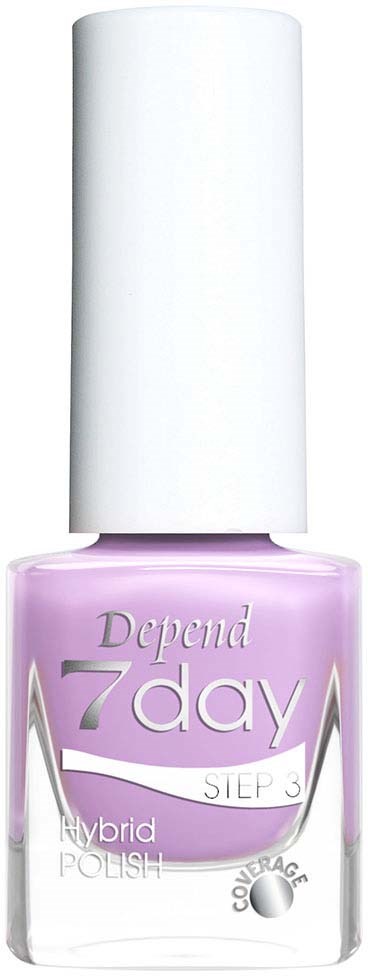 Hellrosa Nagellackflasche mit weißem Deckel, beschriftet "Depend 7day STEP 3 Hybrid POLISH."