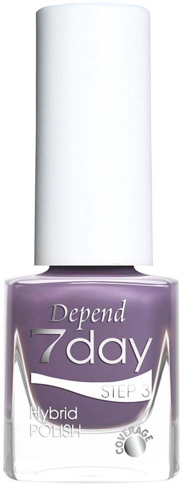 Purple nail polish bottle with white cap, labeled 'Depend 7 day'.
