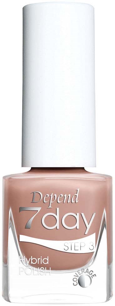 Pink nail polish bottle with a white cap, labeled 'Depend 7day Step 3 Hybrid Polish'.