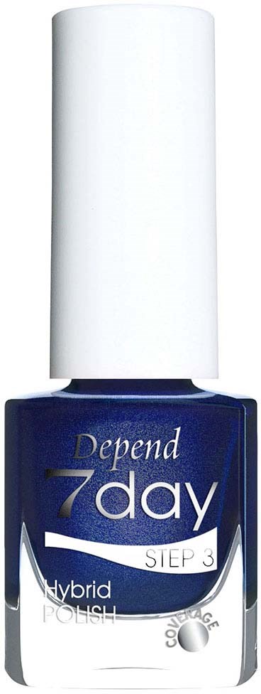 Blue nail polish bottle with white cap, labeled 'Depend 7day STEP 3' and 'Hybrid Polish.'