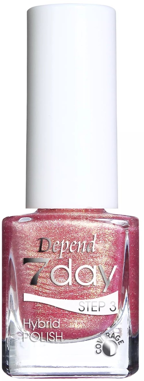 Roze glitternagellak fles met label 'Depend 7day Step 3 Hybrid Polish'.