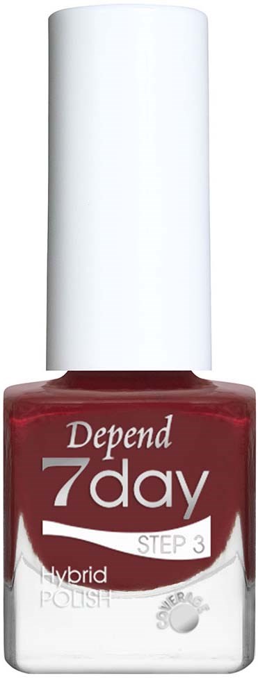 Red nail polish bottle with white cap, labeled 'Depend 7day Step 3 Hybrid Polish' with a small gray sun icon.
