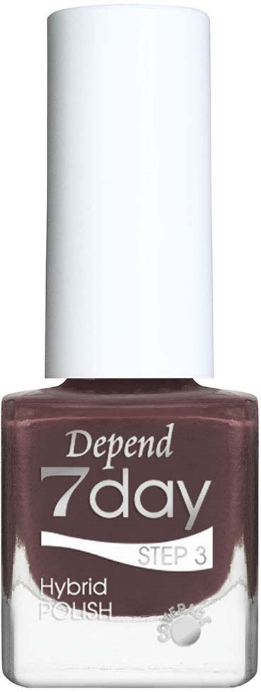 A bottle of Depend 7 Day Hybrid Polish with a white cap and purple-brown nail polish.