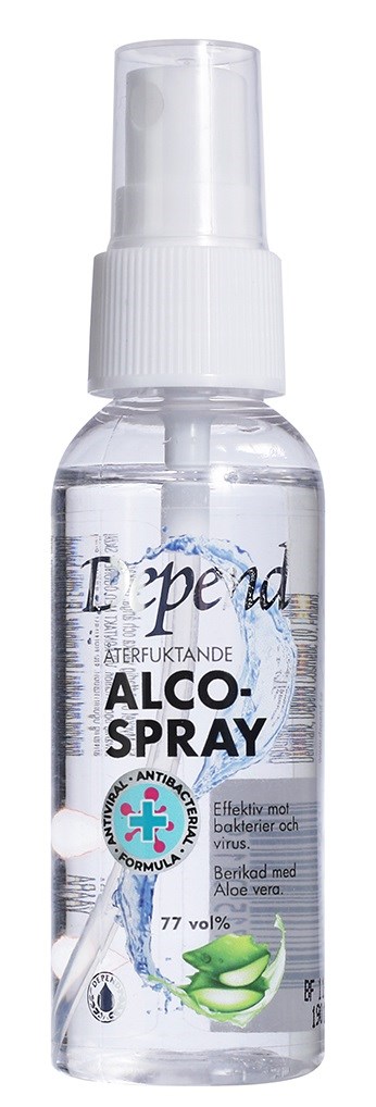 Eine klare Sprühflasche mit der Beschriftung 'ALCO-SPRAY' zur Desinfektion, mit weißem Sprühkopf und grünem Aloe Vera Bild.