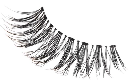 En svartvit illustration av flera ögonfransförlängningar arrangerade i rad.
