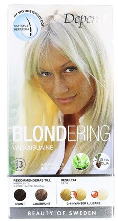 Blonde woman with light hair, smiling gently, on a hair dye package from Beauty of Sweden.