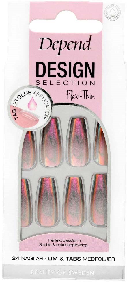 Een verpakking van 24 roze en zilveren nagelbuddels met een plastic applicator en lijm voor nagelversiering.
