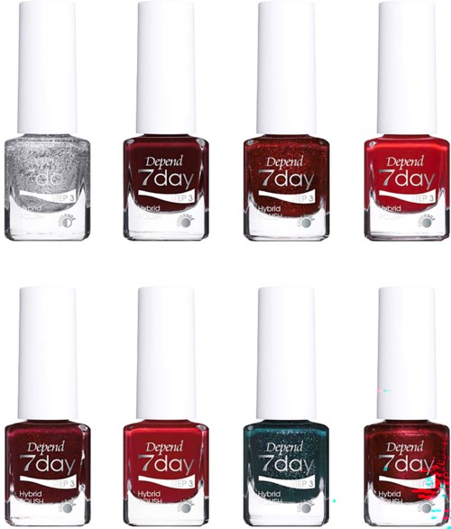 Åtta flaskor Depend 7 Day nagellack i silver, rött, mörkrött, teal och andra nyanser, placerade i två rader.