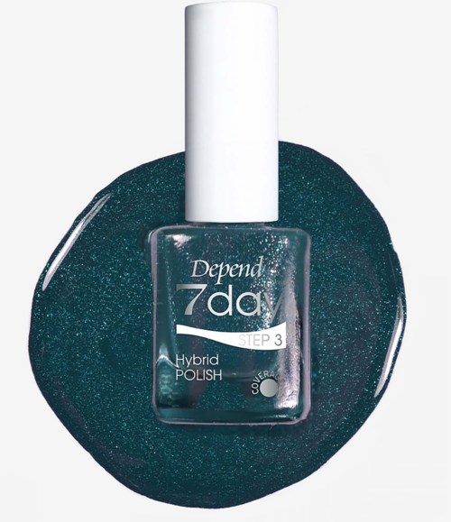 Depend 7day STEP 3 Hybrid Polish kynsilakkapullo tummalla, glitterisellä taustalla.