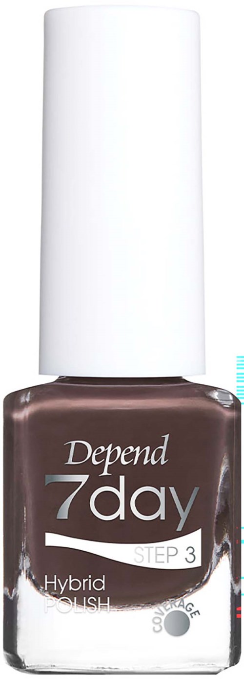 En flaska Depend 7day steg 3 hybrid nagellack i mörkbrunt med vit skruvkork.